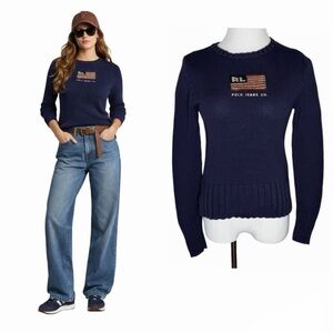 Vintage Polo Ralph Lauren American Flag Sweater Size Small Navy 100% Cotton